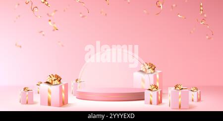 Podio rosa con confezioni regalo, fiocchi e nastri dorati. Piattaforma di presentazione festiva con arco circolare ed elementi coriandoli cadenti per feste di compleanno o vetrina di prodotti. Illustrazione Vettoriale