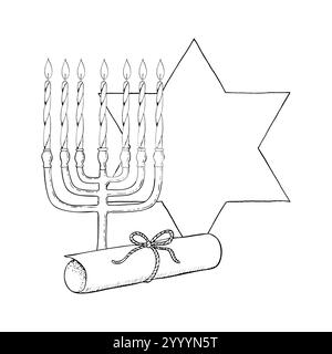 Candelabro della menorah ebraica, candele, rotolo della Torah Illustrazione Vettoriale