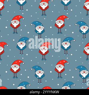Gnomi, gnomi rossi e blu disegnati a mano, nani o elfi, neve che cade, Babbo Natale, su un morbido sfondo scuro. Illustrazione vettoriale Illustrazione Vettoriale