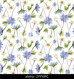 Fiori di ephemera primaverile, hepatica blu Forget-me-Not lino, anemone della foresta bianca, erba, disegnata a mano con acquerello. Motivo senza cuciture Foto Stock