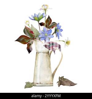 Fiori di effemera primaverile, goccia di sangue di anemone della foresta bianca, hepatica blu Forget-me-Not in vaso vintage, disegnato a mano con acquerello. Bouquet Foto Stock