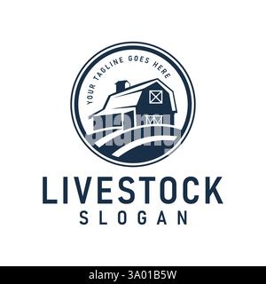 Design con logo Farm con elementi da fienile in stile vintage retrò, questo design è adatto per il branding di aziende agricole, agricole e di prodotti biologici Illustrazione Vettoriale