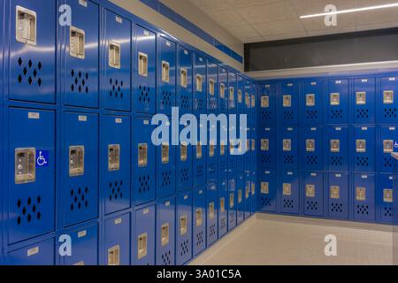 Spogliatoio vuoto, spogliatoio, con tradizionali armadietti in metallo blu. Foto Stock