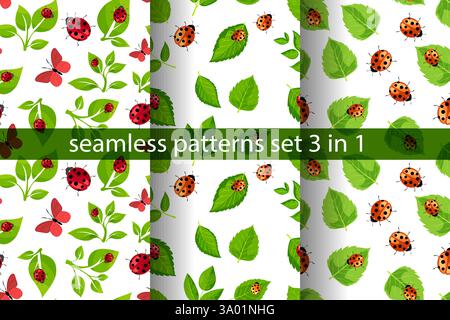 Pattern vettoriali senza cuciture con coccinelle, farfalle e foglie in un design vivace e ispirato alla natura, perfetto per vari progetti creativi Illustrazione Vettoriale