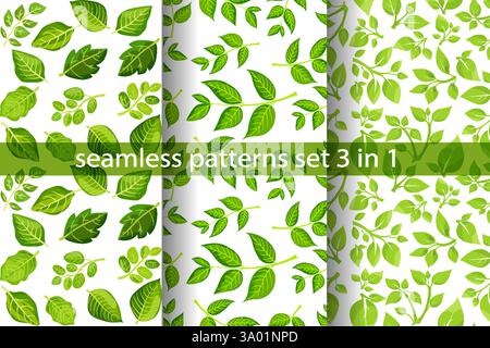 Motivi vettoriali senza cuciture con varie foglie verdi in un design fresco adatto per tessuti e sfondi Illustrazione Vettoriale