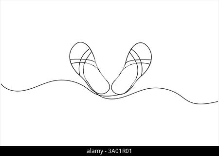 Pantofole da spiaggia sandali disegno artistico su una linea e stile minimalista isolano l'icona vettoriale del contorno Illustrazione Vettoriale