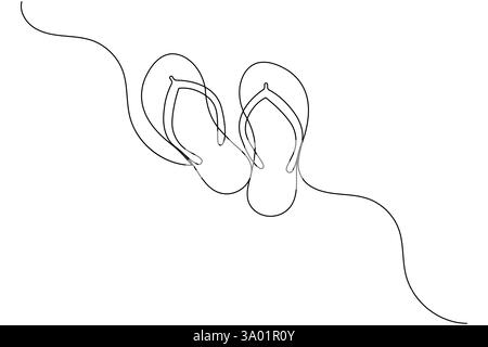 Pantofole da spiaggia sandali disegno artistico su una linea e stile minimalista isolano l'icona vettoriale del contorno Illustrazione Vettoriale