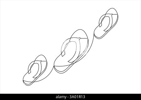 Pantofole da spiaggia sandali disegno artistico su una linea e stile minimalista isolano l'icona vettoriale del contorno Illustrazione Vettoriale