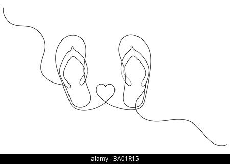 Pantofole da spiaggia sandali disegno artistico su una linea e stile minimalista isolano l'icona vettoriale del contorno Illustrazione Vettoriale