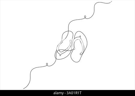 Pantofole da spiaggia sandali disegno artistico su una linea e stile minimalista isolano l'icona vettoriale del contorno Illustrazione Vettoriale