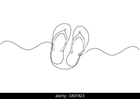 Pantofole da spiaggia sandali disegno artistico su una linea e stile minimalista isolano l'icona vettoriale del contorno Illustrazione Vettoriale