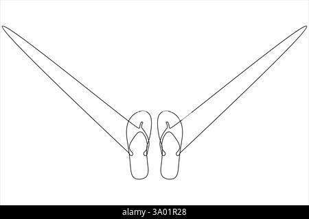 Pantofole da spiaggia sandali disegno artistico su una linea e stile minimalista isolano l'icona vettoriale del contorno Illustrazione Vettoriale