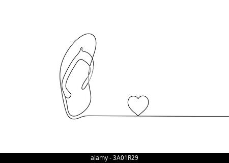 Pantofole da spiaggia sandali disegno artistico su una linea e stile minimalista isolano l'icona vettoriale del contorno Illustrazione Vettoriale