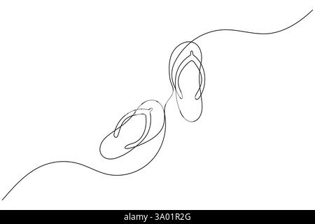 Pantofole da spiaggia sandali disegno artistico su una linea e stile minimalista isolano l'icona vettoriale del contorno Illustrazione Vettoriale
