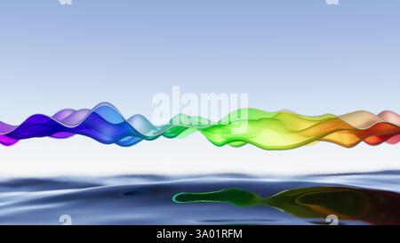 Glass Rainbow Wave flow on Sea trendy color rendering 3d. Foto Stock