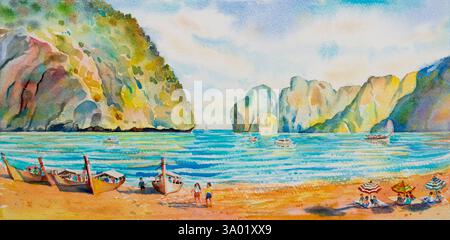 Colorato acquerello estivo che dipinge il paesaggio marino su carta della baia Maya nell'isola Phi phi con la famiglia turistica sulla spiaggia e la barca a vela sul mare, la luce del sole Foto Stock