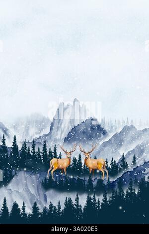 Dipinti cascate di neve nella foresta inverno paesaggio acquerello della famiglia dei cervi renne che si erge nella giungla di pini sulla montagna durante l'inverno, spirito della natura Foto Stock