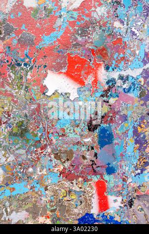 Pittura astratta con vivaci spruzzi di rosso, blu e oro. Una composizione visivamente ricca, ideale per sfondi, arte digitale e creatività Foto Stock