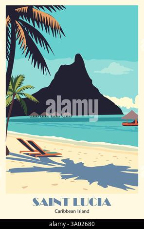 Poster d'arte di viaggio per l'isola caraibica di Saint Lucia Illustrazione Vettoriale