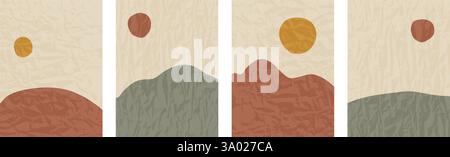 Poster minimi sul paesaggio montano. Arredi interni giapponesi al tramonto. Pittura astratta di boho murale. Il collage minimalista vettoriale forma lo sfondo Illustrazione Vettoriale