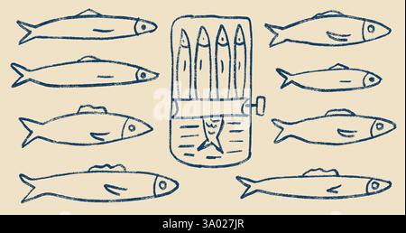 Set di doodle con linea di sardine. Pesce in scatola disegnato a mano. pesci in scatola. Aprire la latta di sardina. Vettoriale conserva mangiare illustrazione a matita isolata. Crayo Illustrazione Vettoriale