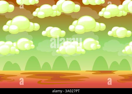 Sfondo di gioco composto da elementi senza fine: Cielo, nuvole, montagne e deserto. Risorse vettoriali e livelli per i videogame 2D per dispositivi mobili. Cartone animato Illustrazione Vettoriale