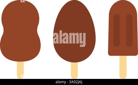 Gelato con glassa al latte o cioccolato fondente per diverse forme su bastoncini in legno, set 3 elementi di design. Illustrazione vettoriale isolata schede tematiche, annunci di snack, menu o schede promozionali Web, opuscoli Illustrazione Vettoriale