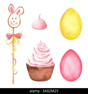 Un pacchetto di uova di Pasqua gialle e rosa, cupcake, pan di zenzero conigliato con nastro e fiocco, meringa. Clipart del cibo. Illustrazione ad acquerello disegnata a mano Foto Stock