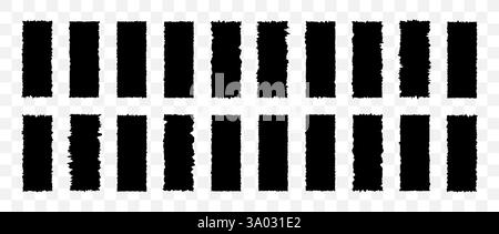 Forma rettangolare nera con bordi frastagliati. Strappato e ritagliato il nastro di carta strappato. Set di telai per grunge verticali. Illustrazione vettoriale isolata su trasparente Illustrazione Vettoriale