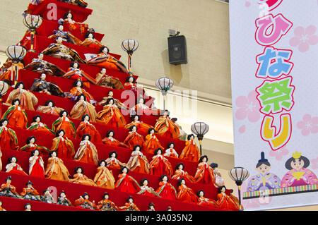 Etwa 1600 traditionelle japanische Hina-Puppen wurden beim jährlichen Puppenfest Hina-Matsuri auf einem 7 Meter hohen Pyramidenständer ausgestellt. HiNA-Matsuri ist ein japanischer Festtag, der jedes Jahr AM 3. März gefeiert wird. In der Zeit vor diesem Tag stellt man auf abgestufte, mit rotem Tuch überzogene Plattformen einen Satz von Puppen, die in traditionelle kimonos gekleidet sind und die Kaiser, Kaiserin, Dienerinnen und Musiker in offizieller Hofkleidung darstellen. Konosu, 02.03.2025 *** circa 1600 bambole Hina tradizionali giapponesi sono state esposte su uno stand piramidale alto 7 metri Foto Stock