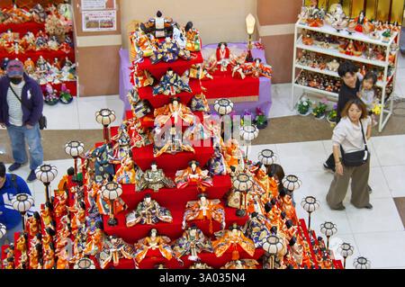 Etwa 1600 traditionelle japanische Hina-Puppen wurden beim jährlichen Puppenfest Hina-Matsuri auf einem 7 Meter hohen Pyramidenständer ausgestellt. HiNA-Matsuri ist ein japanischer Festtag, der jedes Jahr AM 3. März gefeiert wird. In der Zeit vor diesem Tag stellt man auf abgestufte, mit rotem Tuch überzogene Plattformen einen Satz von Puppen, die in traditionelle kimonos gekleidet sind und die Kaiser, Kaiserin, Dienerinnen und Musiker in offizieller Hofkleidung darstellen. Konosu, 02.03.2025 *** circa 1600 bambole Hina tradizionali giapponesi sono state esposte su uno stand piramidale alto 7 metri Foto Stock