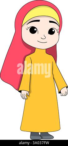 Un'allegra ragazza musulmana che indossa un abito giallo e un hijab rosso sorregge un sorriso amichevole, simboleggiando il calore e la felicità. Illustrazione Vettoriale
