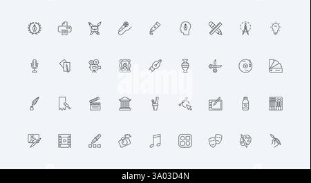 Visione e portfolio, immaginazione e software di designer, illustrazioni vettoriali di simboli neri sottili. Progetto di arte digitale, grafica e musica, grafica e set di icone a linee di strumenti Illustrazione Vettoriale