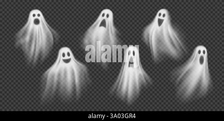 Fantasmi realistici di Halloween spaventosi fantasmi volanti. set vettoriale 3d di silhouette bianche trasparenti ghoul o spirit con volti spettrali. Vacanze horror flo Illustrazione Vettoriale