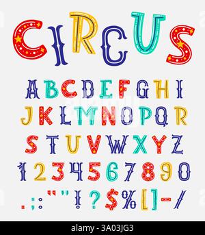 Carattere divertente da circo, carattere carino e colorato, tipo di giocattolo per bambini a fumetti, alfabeto inglese con motivo vettoriale delle stelle. Lettere e numeri buffi Illustrazione Vettoriale