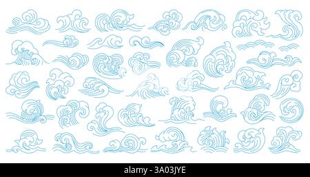 Onde marine giapponesi e cinesi asiatiche, icone della linea vettoriale di surf oceanico blu. Onde blu orientali d'epoca con motivi geometrici asiatici di spruzzi d'acqua Illustrazione Vettoriale