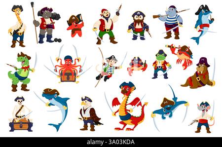 Cartoni animati, pirati e personaggi corsaro con cappelli da capitano di mare, bandane e costumi da marinaio. Simpatici personaggi vettoriali di scimmia, ippopotamo, dino e OW Illustrazione Vettoriale