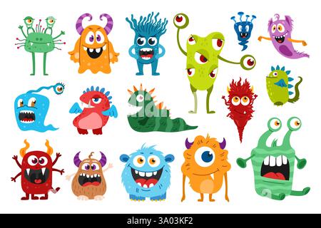 Cartoni animati simpatici mostri di creature vettoriali aliene, giocattoli spaventosi e piccole bestie di Halloween, batteri felici e draghi comici. Carino Illustrazione Vettoriale