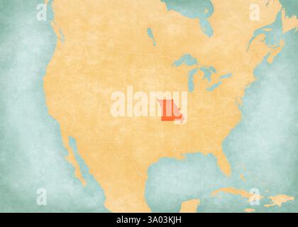 Missouri sulla mappa degli Stati Uniti d'America in morbido grunge e stile vintage, come carta vecchia con pittura ad acquerello. Foto Stock