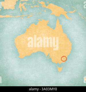 Territorio della capitale Australiana sulla mappa dell'Australia in morbido grunge e stile vintage, come carta vecchia con pittura ad acquerello. Foto Stock