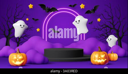 Podio di Halloween per bambini. piattaforma vettoriale 3d con fantasmi giocosi, lanterne e pipistrelli che volano sullo sfondo viola, circondati da stelle, c Illustrazione Vettoriale