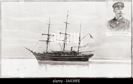 Spedizione Antartica belga, 1897–1899, la RV Belgica si trovava al largo di Sandefjord. Inset barone Adrien Victor Joseph de Gerlache de Gomery, 1866 – 1934, capo della spedizione. From the Graphic - An Illustrated Weekly Newspaper, pubblicato nel 1897. Foto Stock