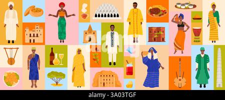 Collage colorato che mette in risalto le tradizioni africane, l'abbigliamento, la cucina e l'architettura iconica. Celebrazione del patrimonio e della diversità africani, illustrazione vettoriale. Illustrazione Vettoriale
