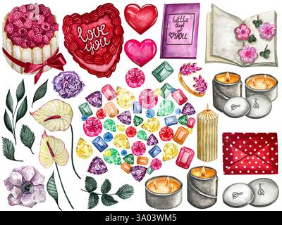 Set di elementi decorativi. Simboli di San Valentino: Cuori, dolci, fiori, regali e altri oggetti carini. Set di elementi decorativi. Foto Stock