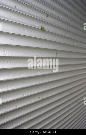 I segni di grandine creano una consistenza sulla serranda del rullo in metallo dopo gravi eventi atmosferici Foto Stock