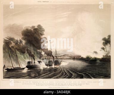 La presa della città di Tabasco, da parte della spedizione navale degli Stati Uniti, a galla e a riva, sotto il comando del comandante Matthew C. Perry. 15 giugno 1847. Vintage Lithograph Illustration from Naval Scenes in the Mexican War di Henri Walke, 1847-1848 Foto Stock