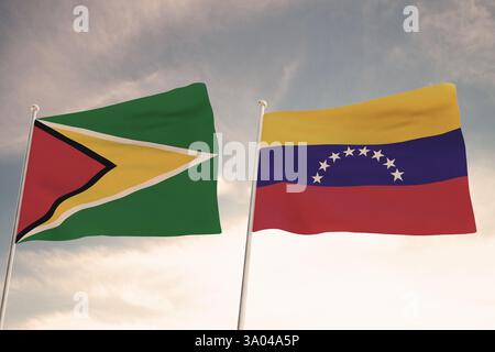 Le relazioni tra Venezuela e Guyana simboleggiate da due bandiere che sventolano contro un cielo nuvoloso, evidenziando la disputa di Essequibo. Rendering 3D. Foto Stock