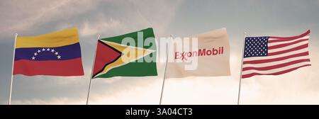 Venezuela, Guyana, USA ed ExxonMobil simboleggiati da quattro bandiere contro un cielo nuvoloso, evidenziando la disputa Essequibo.3D. Foto Stock