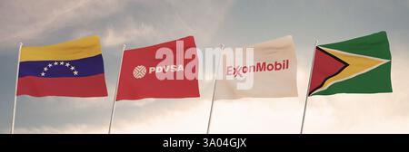 Venezuela, Guyana, PDVSA ed ExxonMobil simboleggiati da quattro bandiere contro un cielo nuvoloso, evidenziando la disputa Essequibo.3D. Foto Stock