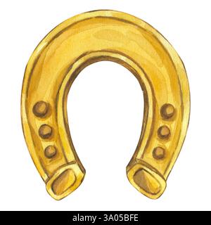 Illustrazione a ferro di cavallo dorato in acquerello. Buona fortuna talismano. Design per il giorno di San Patrizio. Tema dei cavalli e dell'equitazione. Disegnato a mano Foto Stock